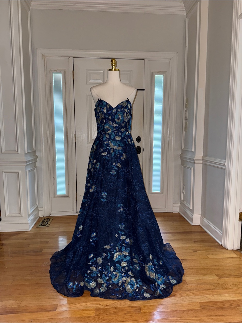 Navy Floral Strapless Formal Gown with Metallic Accents